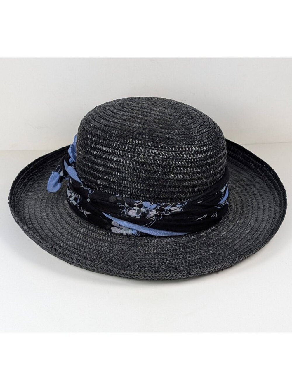 BANASH Black Straw Sun Hat Blue Floral Band Vacation Beach Cruise Wide Brim